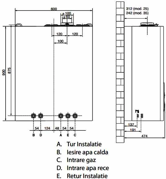 Dimensiuni centrala termica cu boiler incorporat Ariston Clas B One