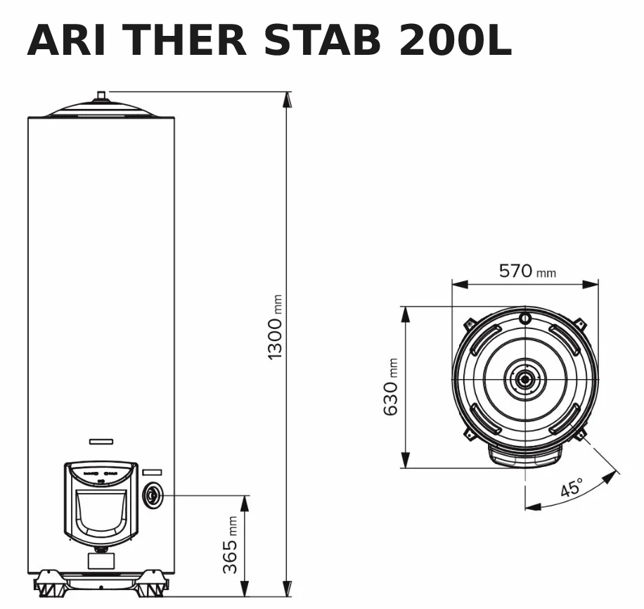 Boiler electric Ariston ARI 200 STAB 570 THER MO VS EU - dimensiuni
